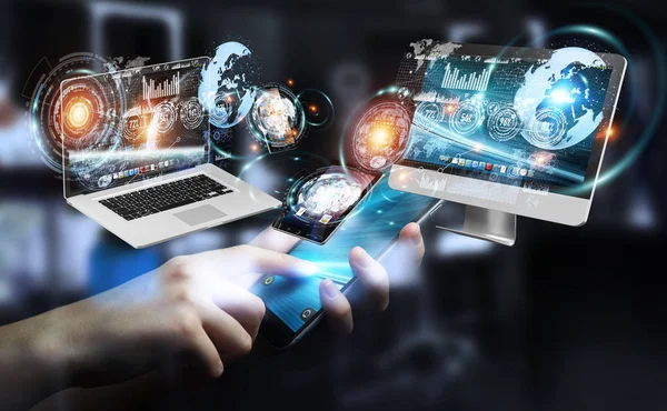 Empresária conectando dispositivos tecnológicos uns aos outros renderização 3D — Fotografia de Stock