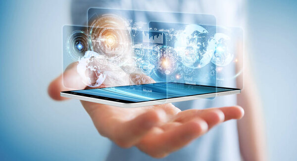 Экран голограммы с цифровыми данными, используемыми бизнесменом 3D рендерингом
