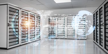 Sunucu Oda veri merkezi 3d render üzerinde uçan hologram grafik