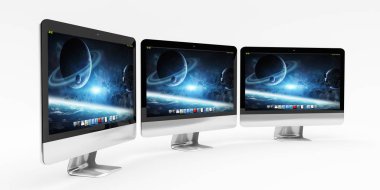 Üçlü modern gümüş ve siyah metalik bilgisayar 3d render