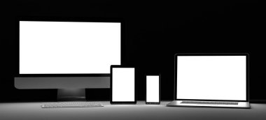 Karanlık modern bilgisayar dizüstü cep telefonu ve tablet 3d render