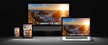 Karanlık modern bilgisayar dizüstü cep telefonu ve tablet 3d render