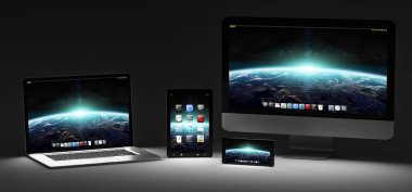 Karanlık modern bilgisayar dizüstü cep telefonu ve tablet 3d render