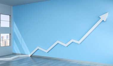 Beyaz ok mavi duvara 3d render kadar devam