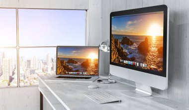 Bilgisayarı ve aygıtları 3d render ile modern masaüstü iç