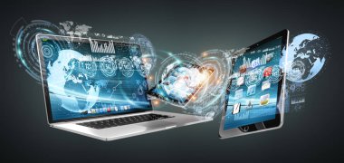 Teknik cihazlar ile simgeleri ve grafikleri 3d render uçan