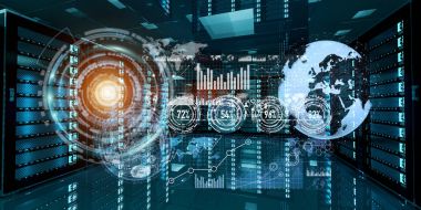 Sunucu Oda veri merkezi 3d render üzerinde uçan hologram grafik
