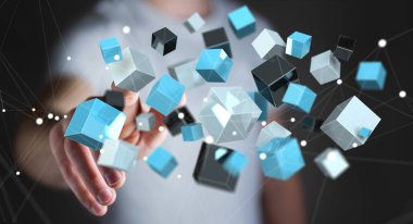 Kayan mavi parlak küp ağ 3d renderi dokunmadan işadamı