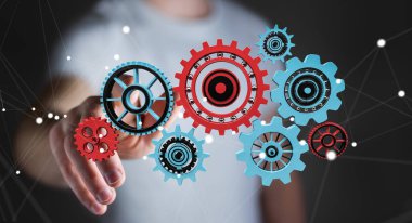 Onun el 3d renderin kayan dişli simgeleri dokunmadan işadamı