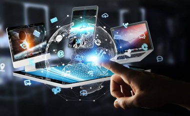 Teknoloji cihazları birbirine 3d render bağlamak işadamı