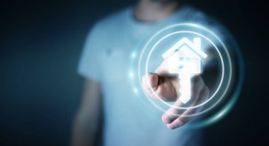 3D işleme simgesini ev parmağıyla dokunmadan işadamı