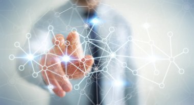 Veri ağı parmağıyla 3d render dokunmadan işadamı