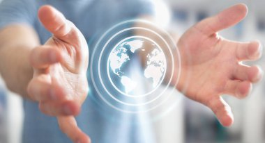 3d render sörf için Internet üzerinde Web arabirimini kullanarak iş adamı