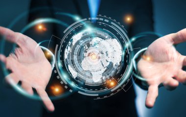 İşadamı hologram ekran dijital veriler 3d renderin ile kullanma