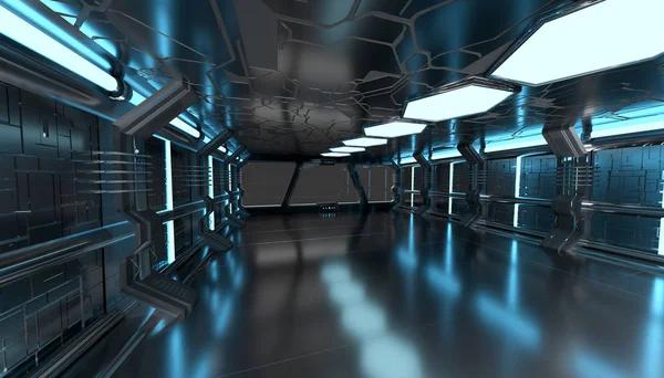 Nave espacial interior azul com janela vazia elementos de renderização 3D — Fotografia de Stock