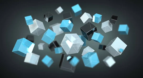 Flotante azul brillante cubo red 3D renderizado — Foto de Stock