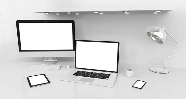 컴퓨터와 장치 3d renderin 현대 화이트 책상 인테리어 — 스톡 사진