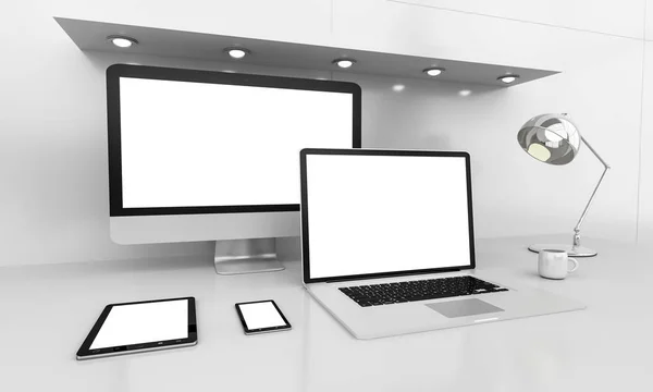 Современный интерьер белого стола с компьютером и устройствами 3D рендерин — стоковое фото
