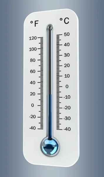 该值指示温度低的 3d 渲染冷白色温度计 — 图库照片