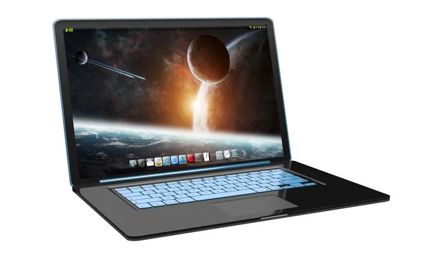 Laptop preto moderno no fundo branco 3D renderização — Fotografia de Stock