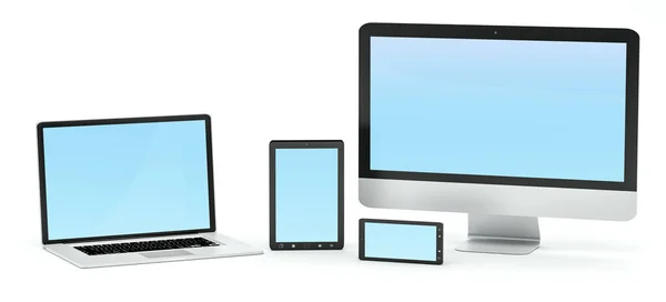 Computadora moderna portátil teléfono móvil y tableta 3D renderizado —  Fotos de Stock