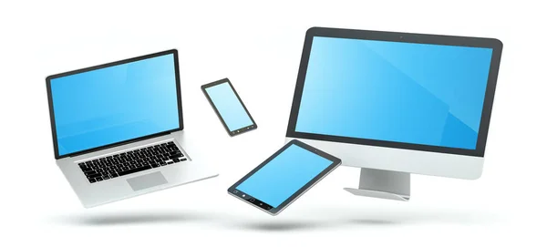 Computer moderno computer portatile cellulare e tablet galleggiante 3D rende — Foto Stock