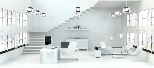 Moderno interior de oficina blanca con computadora y dispositivos 3D render —  Fotos de Stock