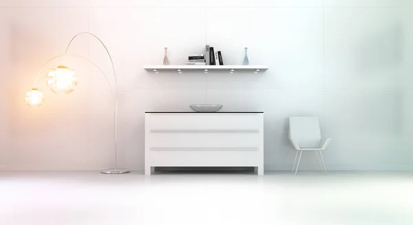 Modern white orange interior with chest of drawers and shelve 3D — Stock Photo, Image