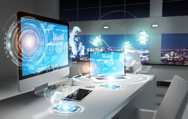 Lugar de trabajo con dispositivos modernos y pantallas de holograma renderizado 3D — Foto de Stock