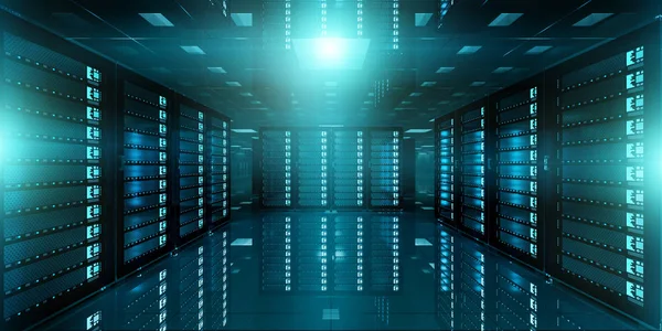Sala de servidores oscuros almacenamiento de centro de datos renderizado 3D —  Fotos de Stock