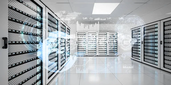 Graph hologram flyger över server rum data center 3d-rendering — Stockfoto
