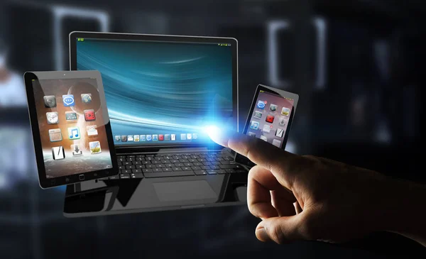 Empresario tocando teléfono portátil y tableta con su dedo 3D — Foto de Stock