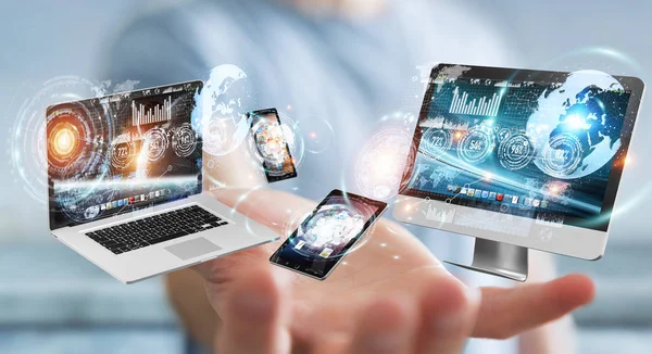 Businessman connecting tech devices to each other 3D rendering — Stock Photo, Image