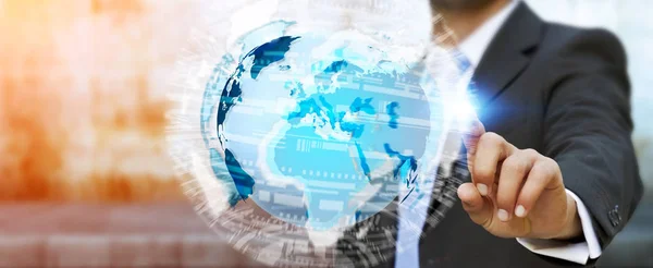 Affärsman röra globalt nätverk på planetjorden 3d-rendering — Stockfoto