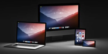 Karanlık modern bilgisayar dizüstü cep telefonu ve tablet 3d render