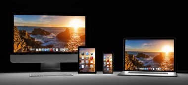 Karanlık modern bilgisayar dizüstü cep telefonu ve tablet 3d render
