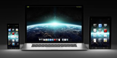 Karanlık modern bilgisayar dizüstü cep telefonu ve tablet 3d render
