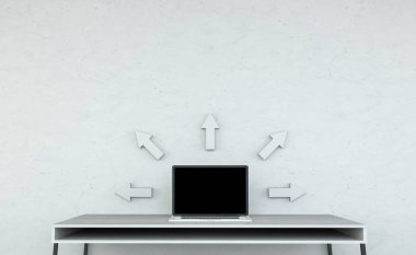 Laptop ve gri ok 3d render ile modern masaüstü iç