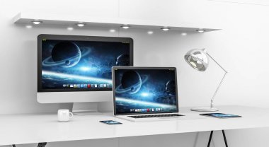 Modern beyaz Resepsiyon iç bilgisayar ve aygıtları 3d renderin