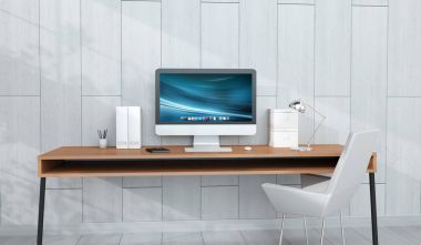 Bilgisayarı ve aygıtları 3d render ile modern işyeri iç