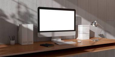 Bilgisayarı ve aygıtları 3d re sahip modern karanlık Resepsiyon ofis iç