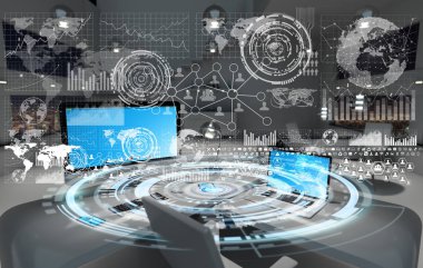 Çalışma alanı modern cihazlar ve hologram ekranlar 3d render ile