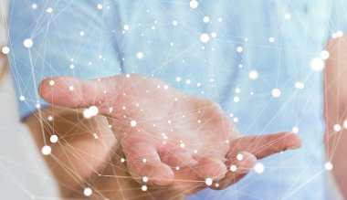 Uçan ağ küre 3d render tutan işadamı