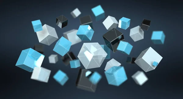 Rede de cubos brilhantes azuis flutuantes renderização 3D — Fotografia de Stock