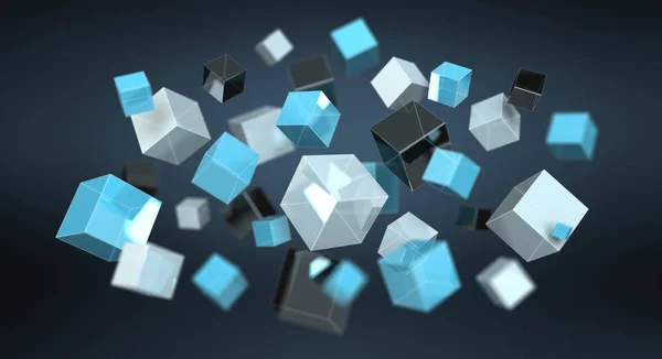 Flotante azul brillante cubo red 3D renderizado —  Fotos de Stock