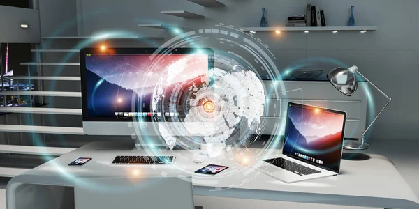 Lugar de trabajo con dispositivos modernos y pantallas de holograma renderizado 3D — Foto de Stock
