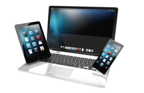 Laptop mobile phone and tablet connected to each other 3D render — Stock Photo, Image
