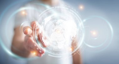 İşadamı hologram ekran dijital veriler 3d renderin ile kullanma