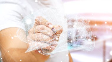 Onun el 3d ren dijital röntgen insan beyninde çizim işadamı