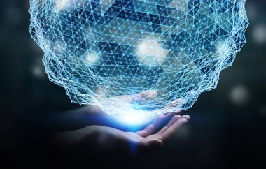 Uçan ağ küre 3d render tutan işadamı